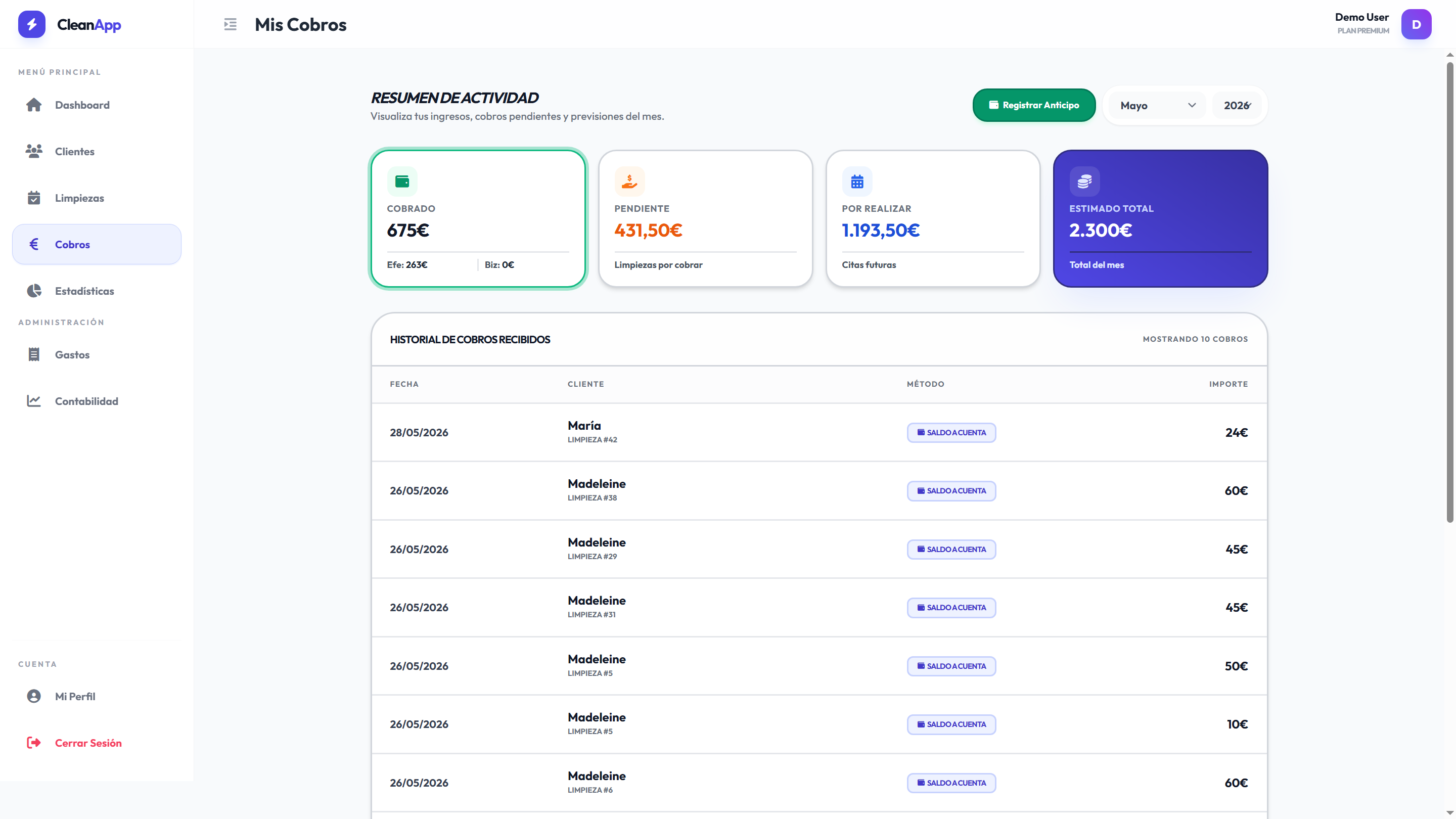CleanApp Control de Cobros Real Screenshot